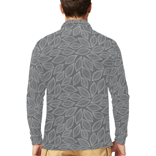 Elm Leave Grey Print Pattern Long Sleeve Polo Shirt For Men's