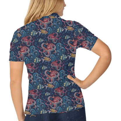 Octopus Deep Sea Print Themed Women's Polo Shirt