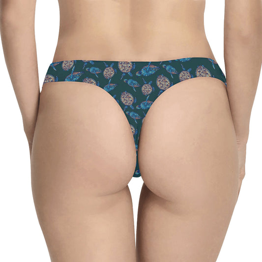 Sea Turtle Hand Drawn Blue Print Women's Thongs