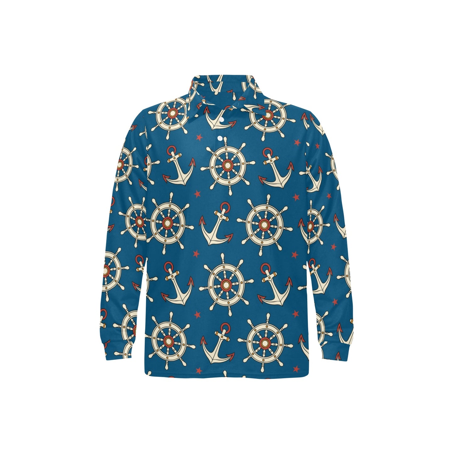 Anchor Pattern Print Design 02 Long Sleeve Polo Shirt For Men's