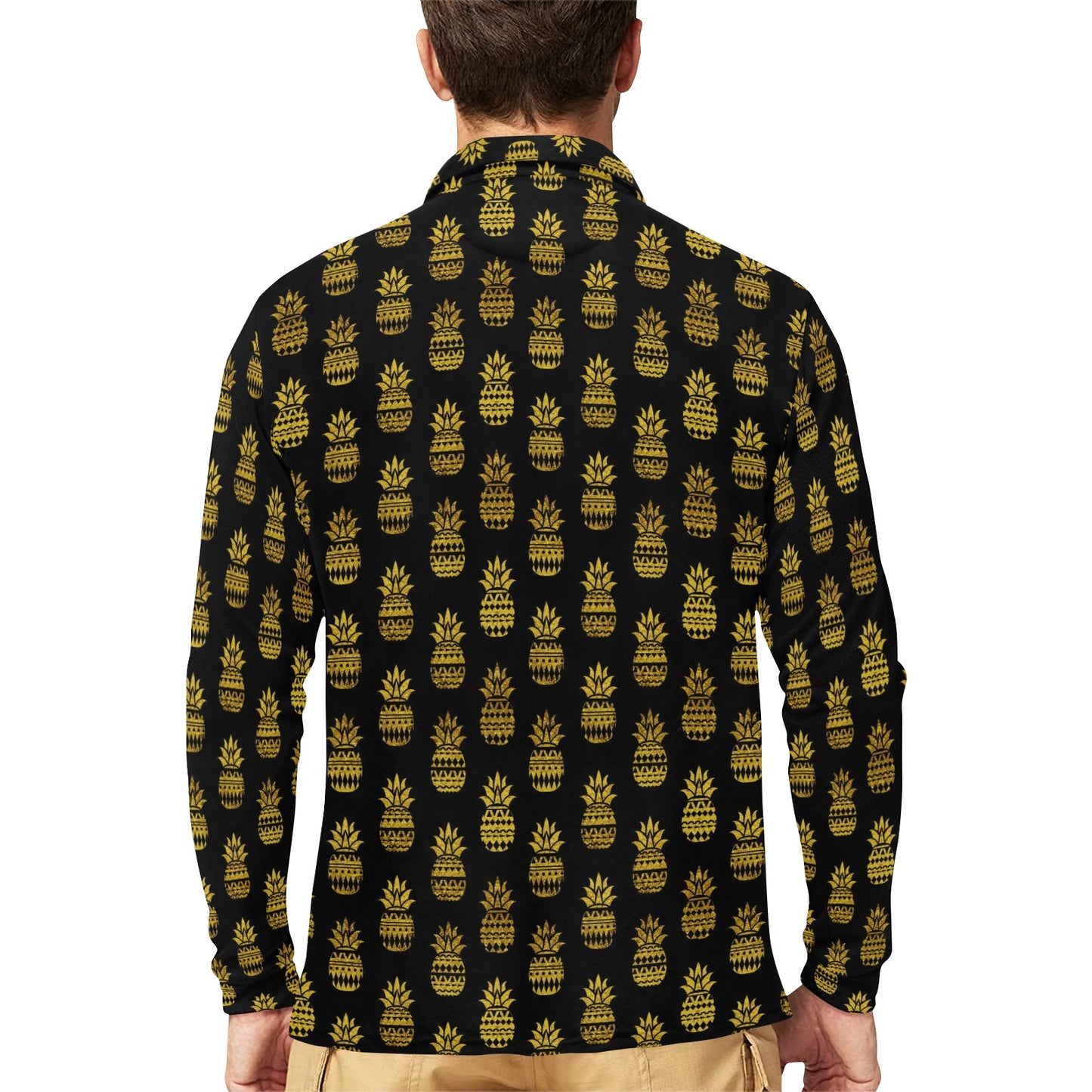 Pineapple Gold Tribal Style Print Long Sleeve Polo Shirt For Men's