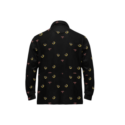 Black Cat Face Print Pattern Long Sleeve Polo Shirt For Men's