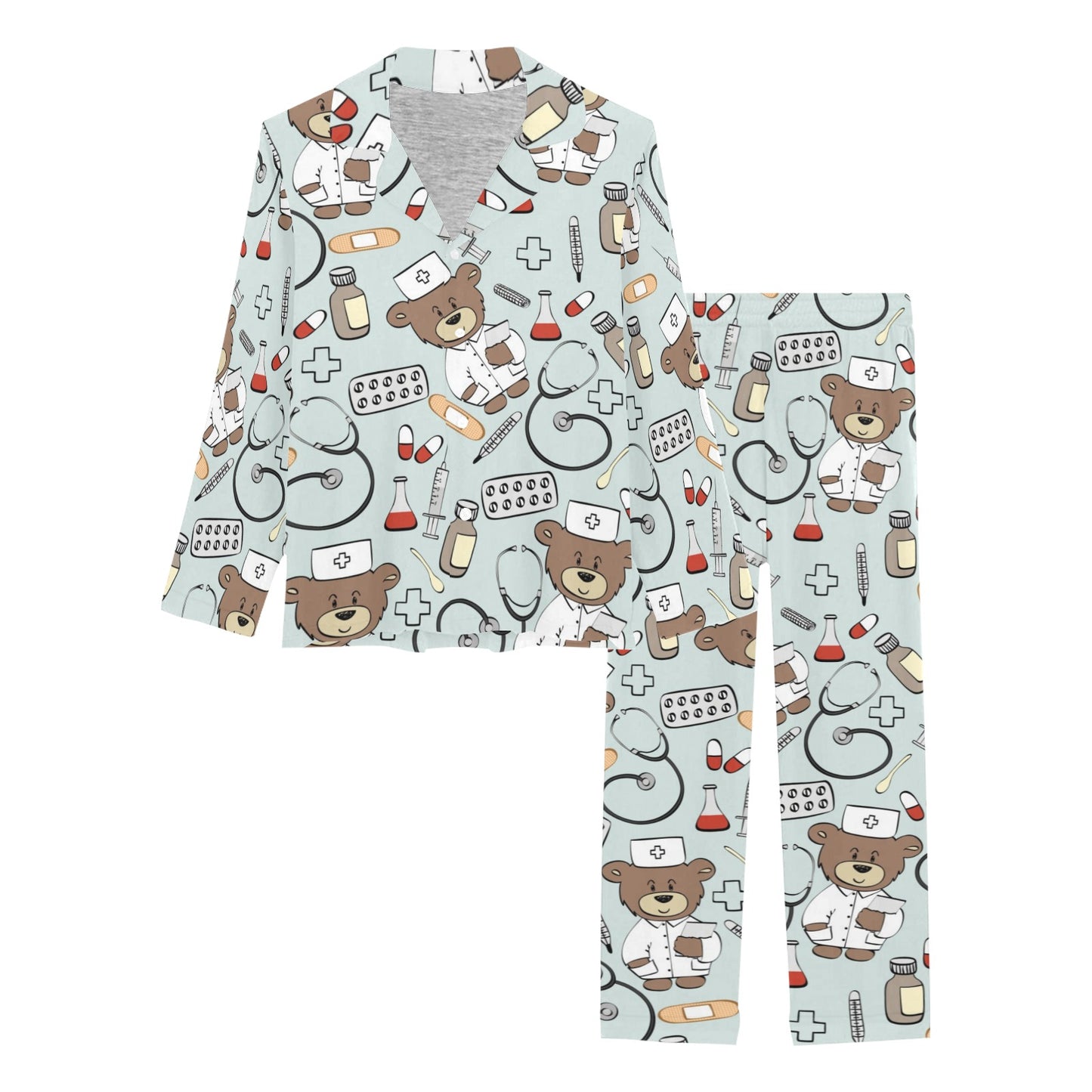 Nurse Bear Pattern Print Design A01 Women's Long Pajama Set