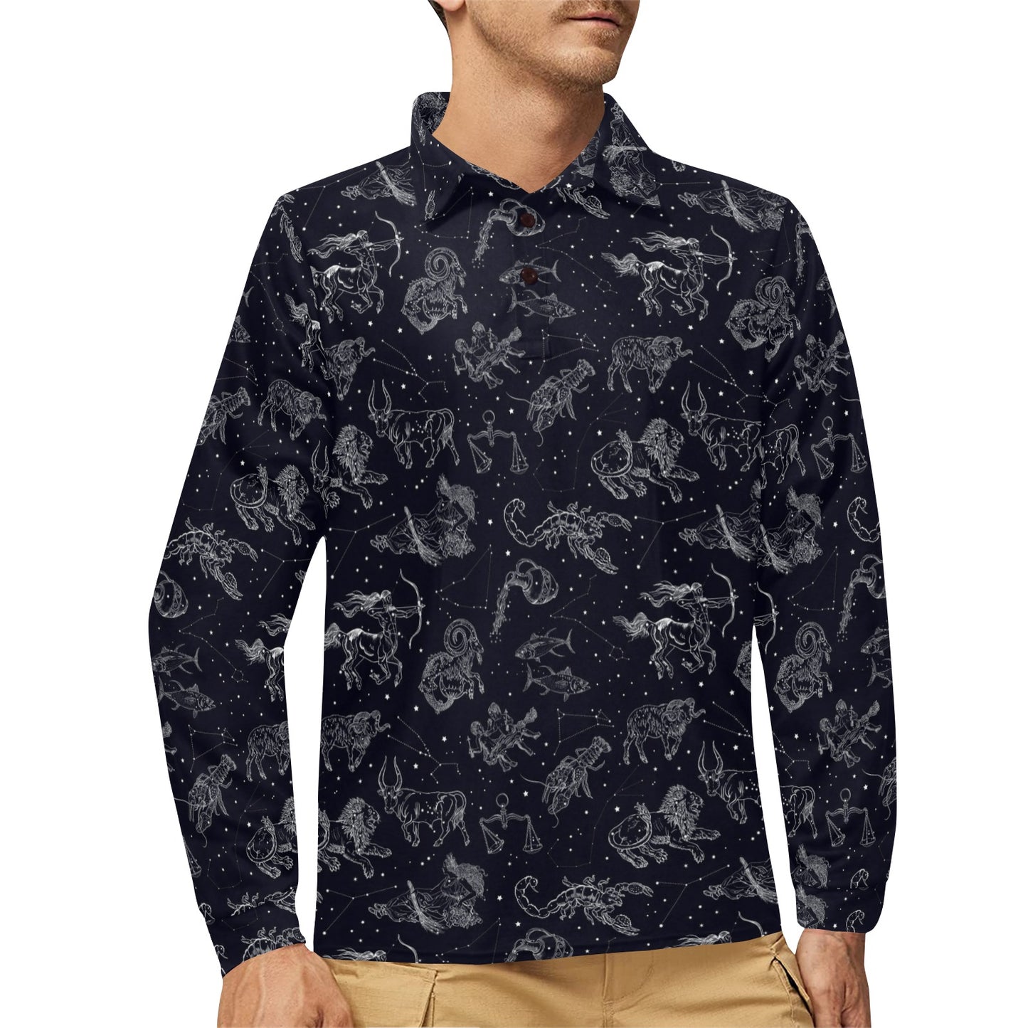 Zodiac Print Design LKS304 Long Sleeve Polo Shirt For Men's