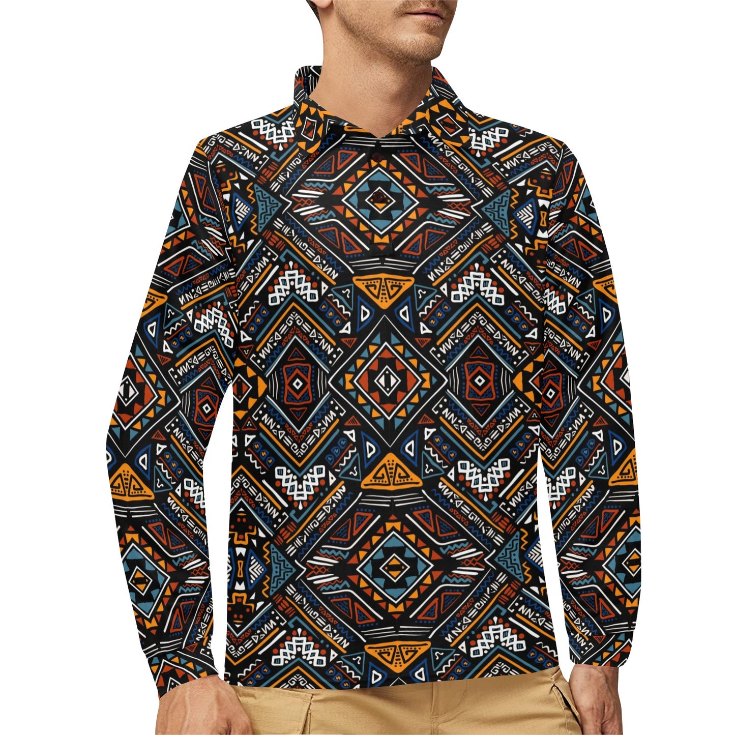 African Kente Print v2 Long Sleeve Polo Shirt For Men's