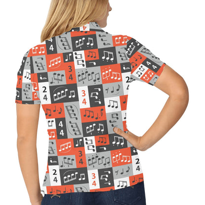 Music Note Design Themed Print Women's Polo Shirt