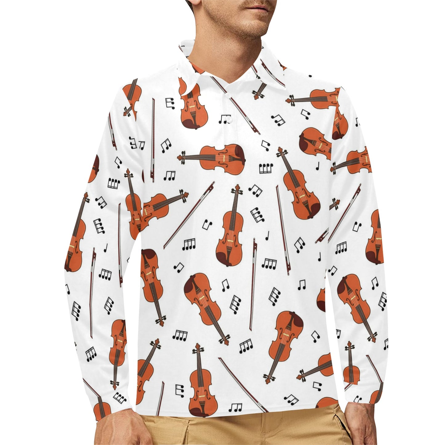 Violin Pattern Print Design 02 Long Sleeve Polo Shirt For Men's