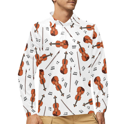 Violin Pattern Print Design 02 Long Sleeve Polo Shirt For Men's