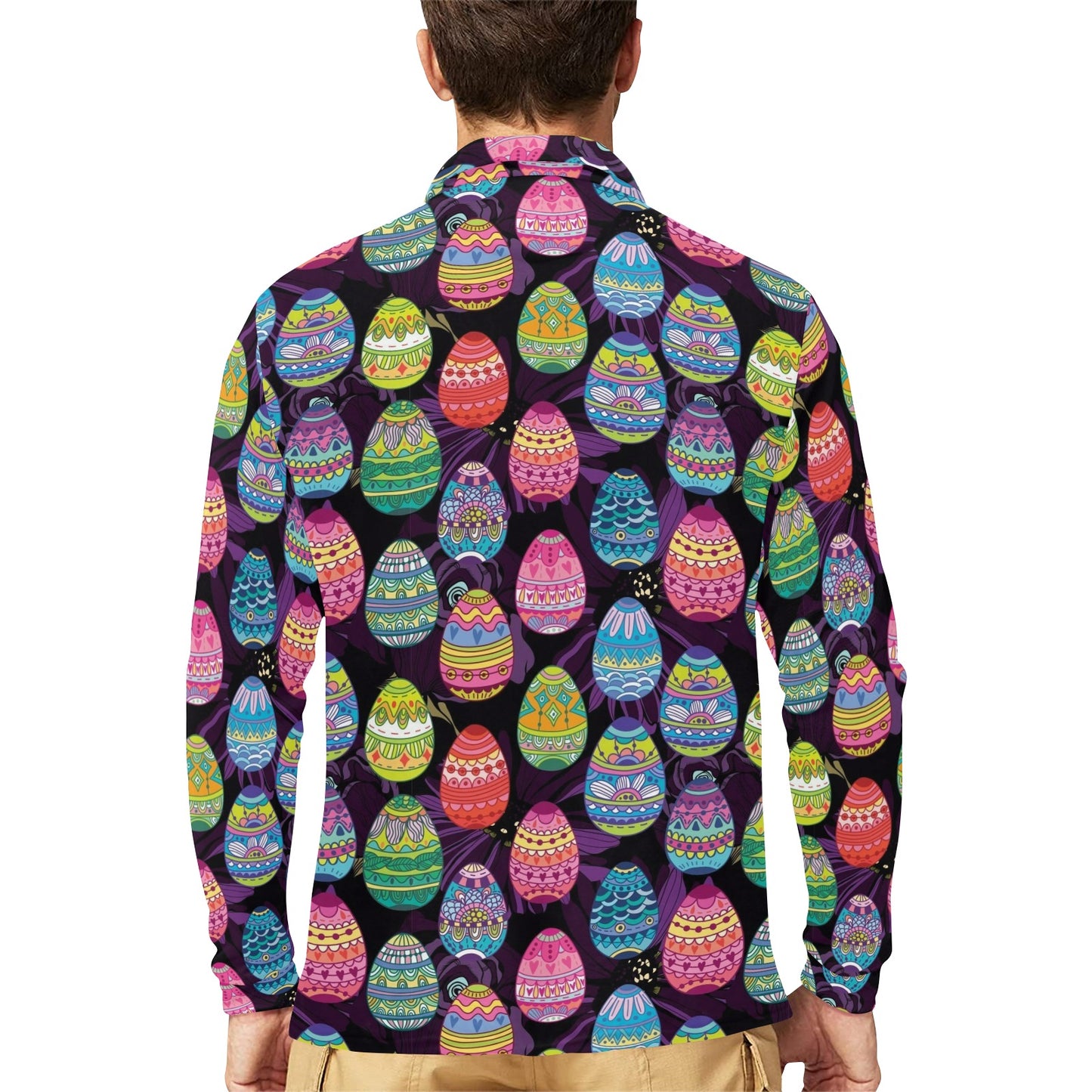 Easter Eggs Pattern Print Design RB08 Long Sleeve Polo Shirt For Men's