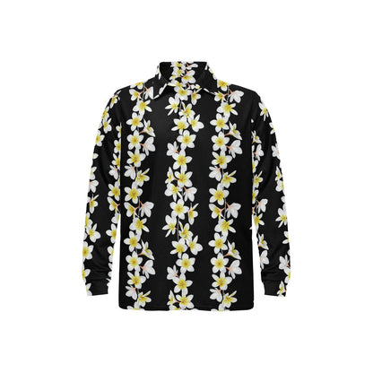 White Plumeria Pattern Print Design PM08 Long Sleeve Polo Shirt For Men's