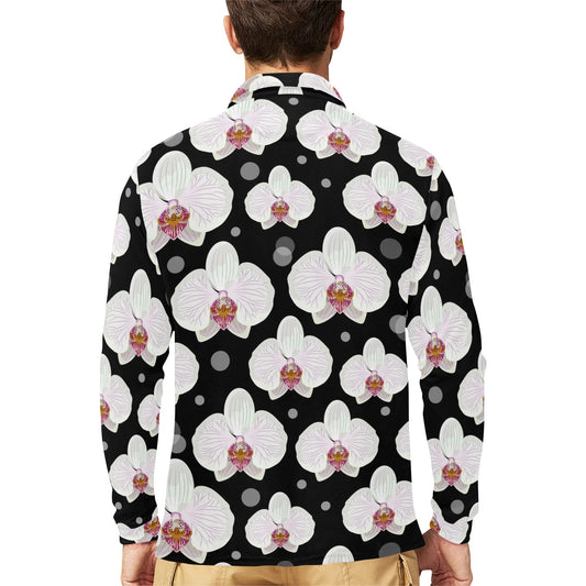 Orchid White Pattern Print Design OR09 Long Sleeve Polo Shirt For Men's