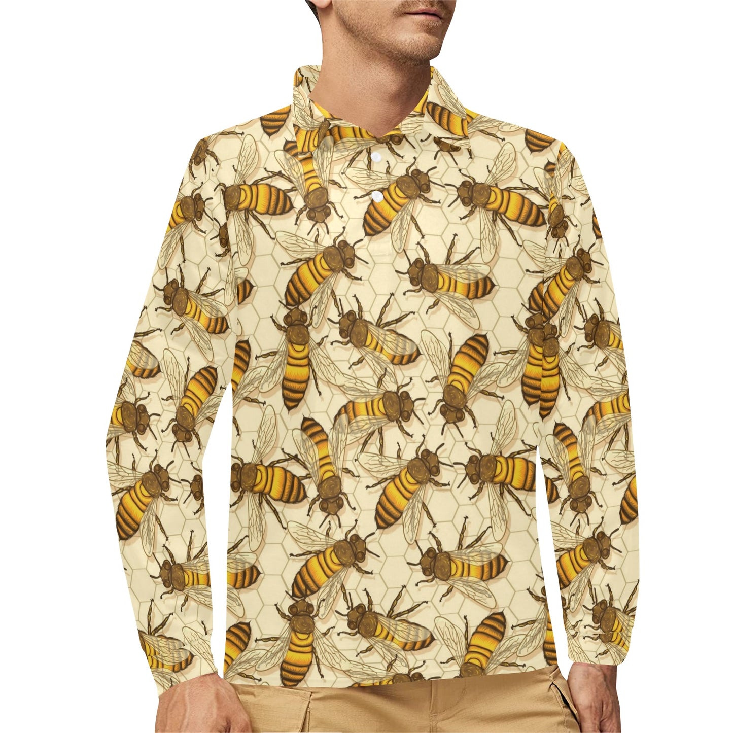 Bee Pattern Print Design BEE05 Long Sleeve Polo Shirt For Men's