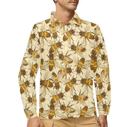 Bee Pattern Print Design BEE05 Long Sleeve Polo Shirt For Men's