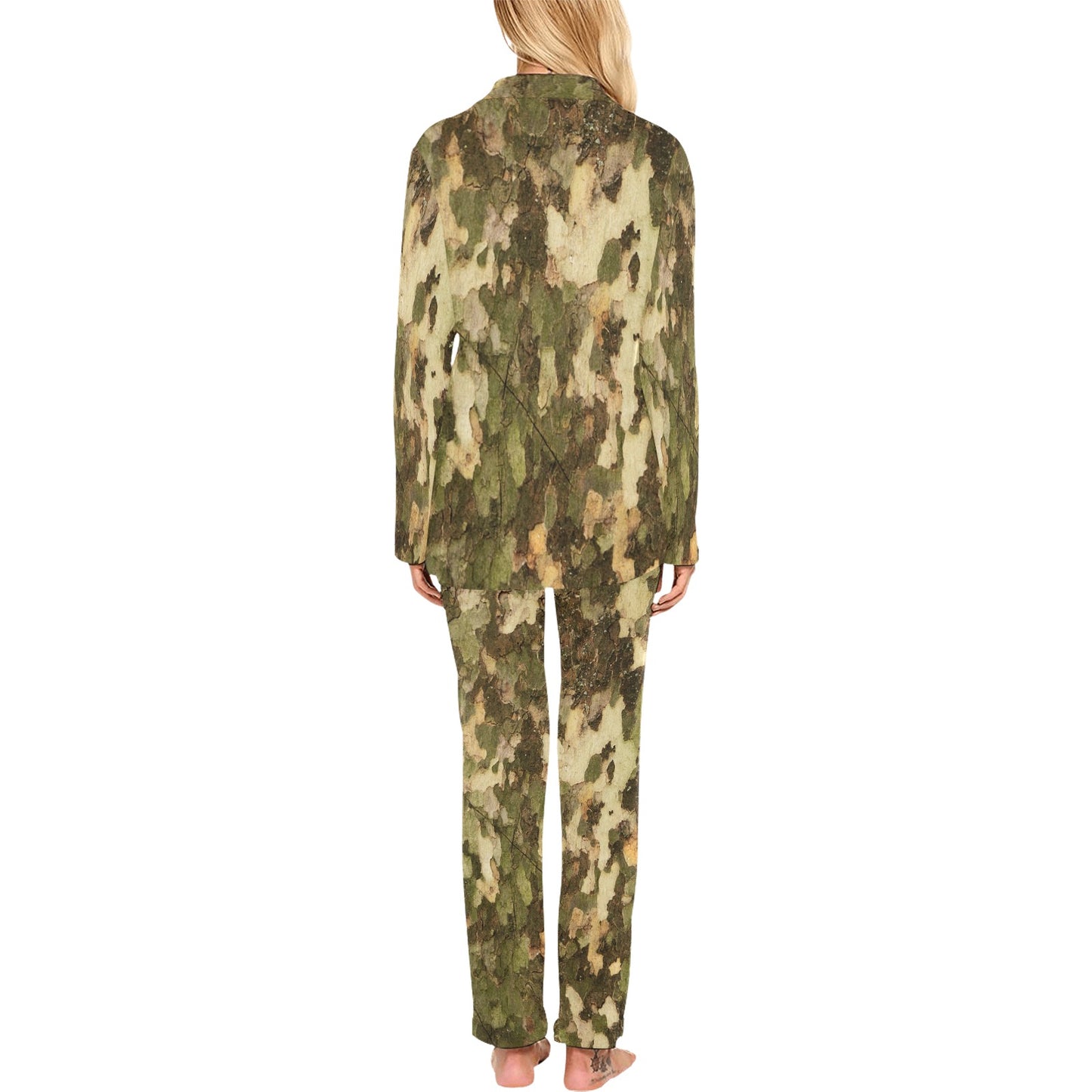 Camo Realistic Tree Texture Print Women's Long Pajama Set