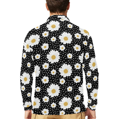 Daisy Pattern Print Design DS02 Long Sleeve Polo Shirt For Men's