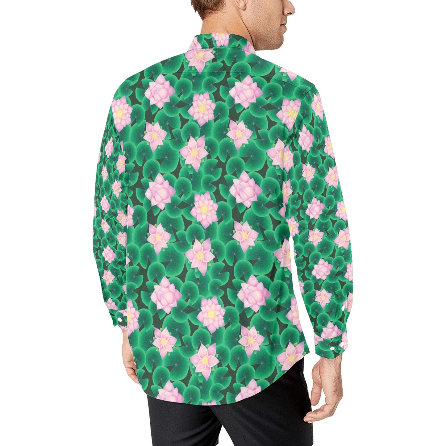 Water Lily Print Design LKS303 Men's Long Sleeve Dress Shirt