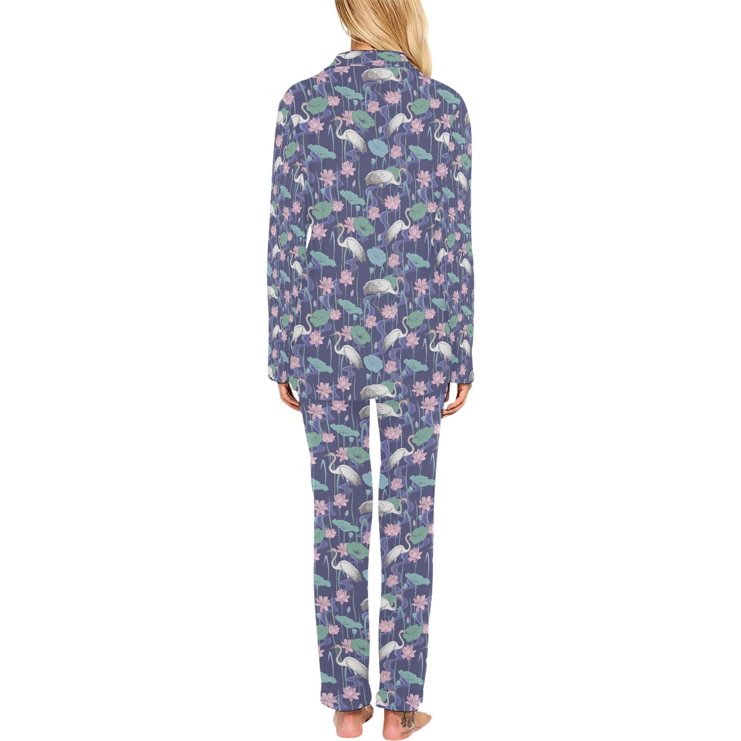 Water Lily Print Design LKS306 Women's Long Pajama Set