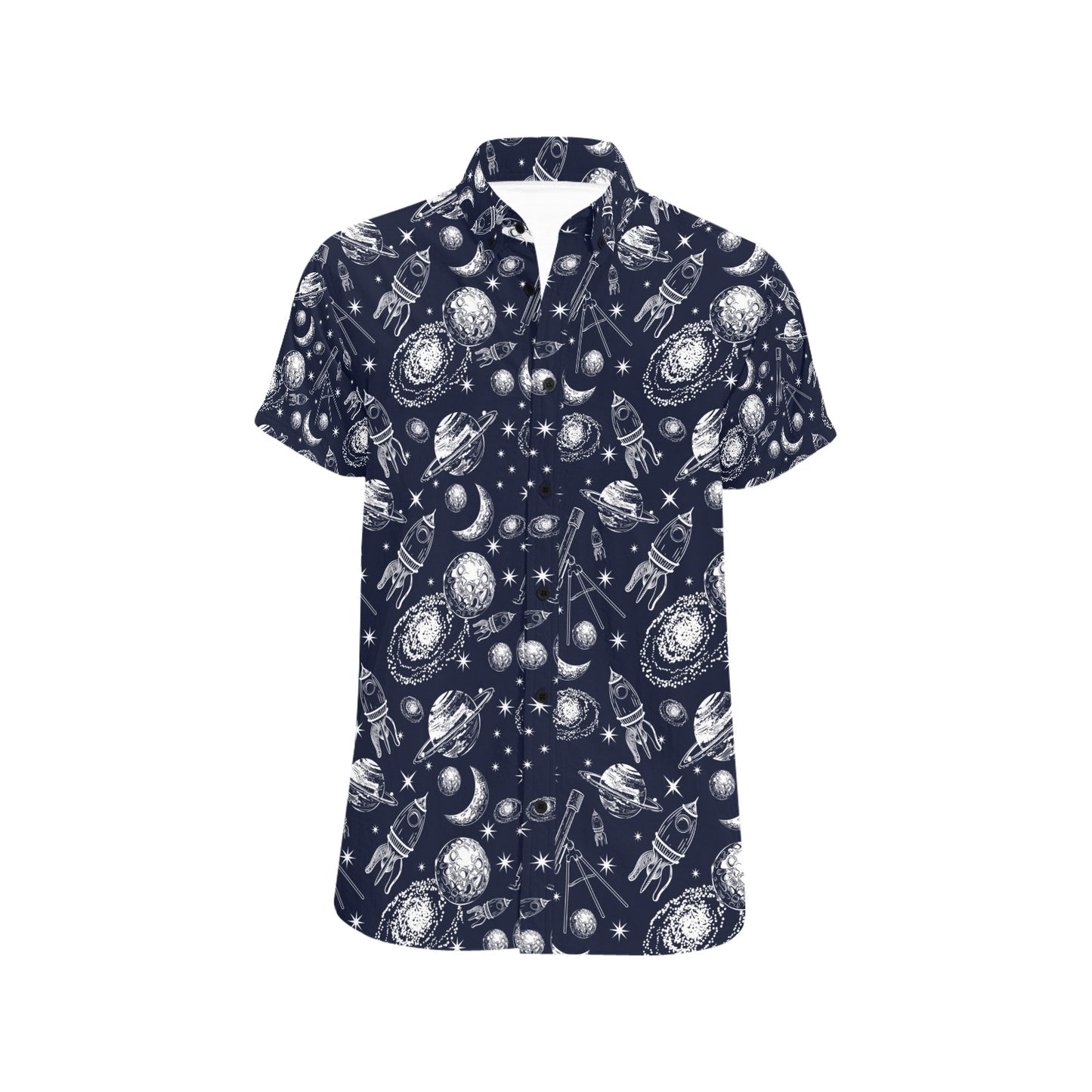Space Rocket Print Design LKS301 Men Short Sleeve Button Up Shirt
