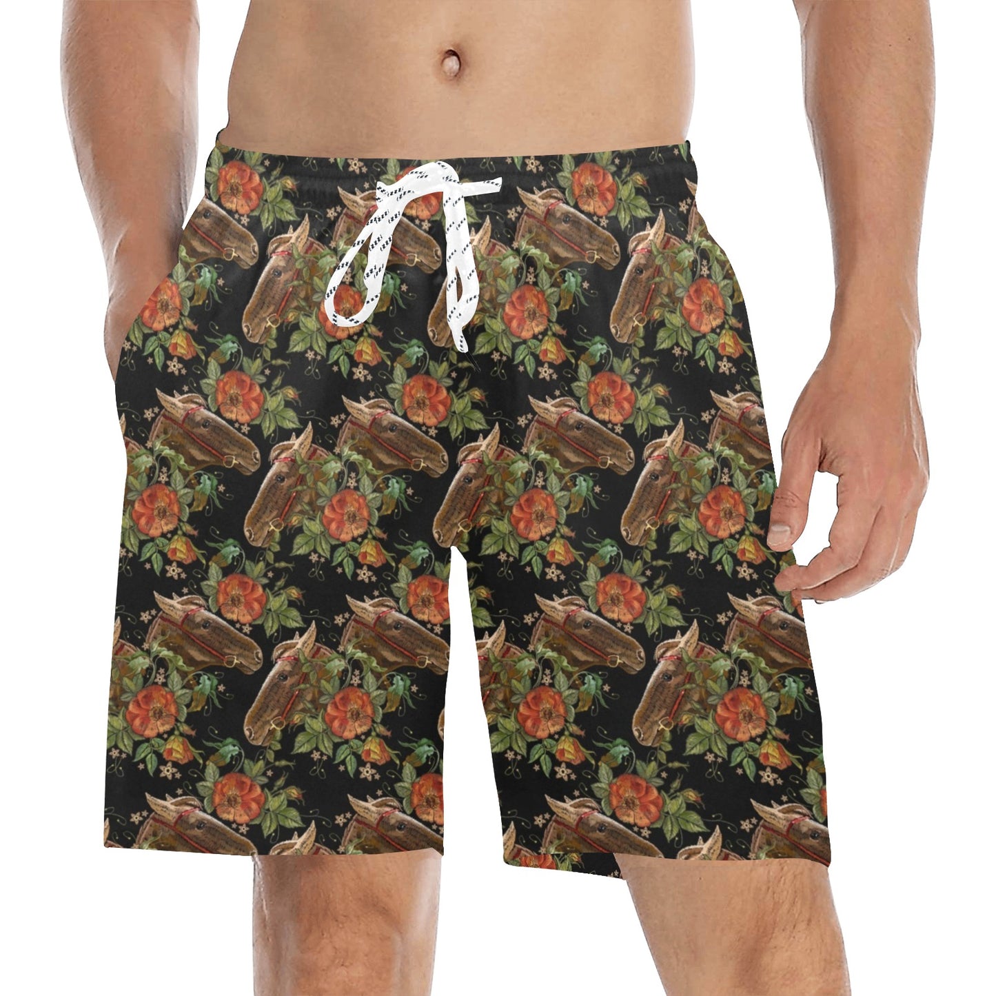 Horse Embroidery with Flower Design Men's Swim Trunks Beach Shorts