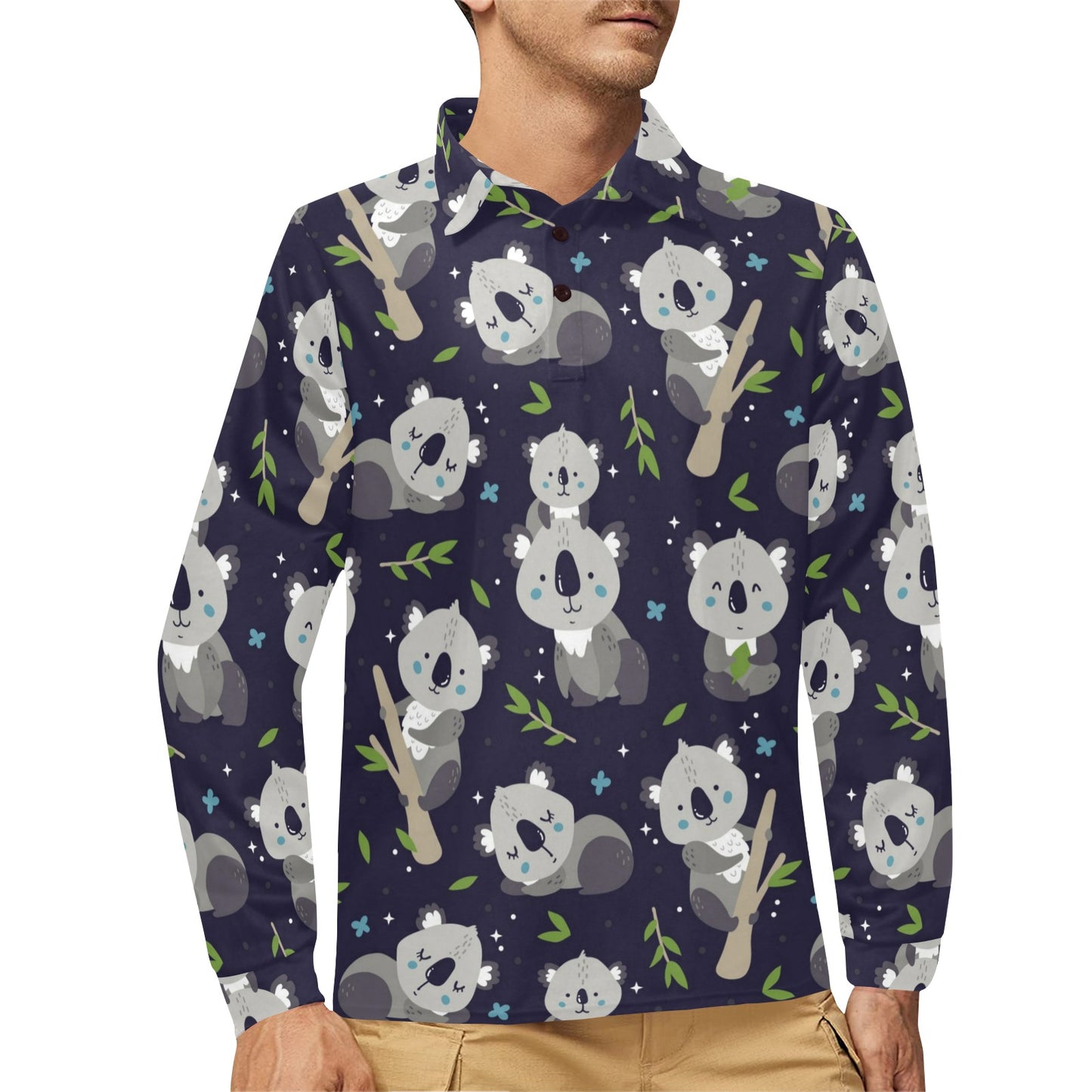 Koala Pattern Print Design 04 Long Sleeve Polo Shirt For Men's