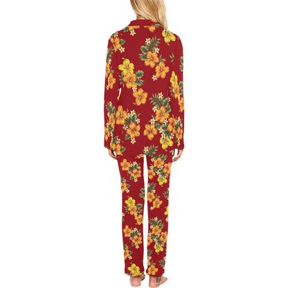 Orange Hibiscus Pattern Print Design HB026 Women's Long Pajama Set