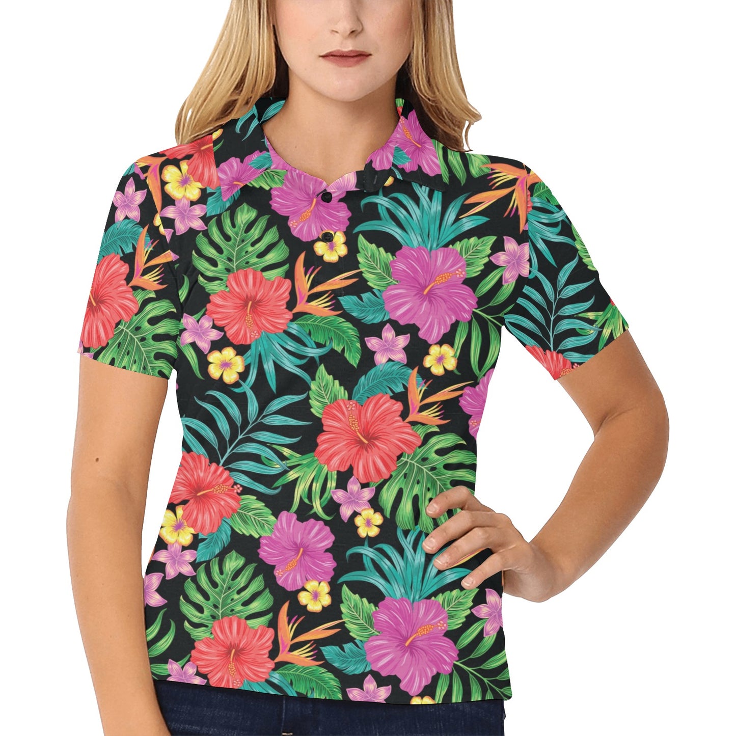 Hibiscus Print Women's Polo Shirt