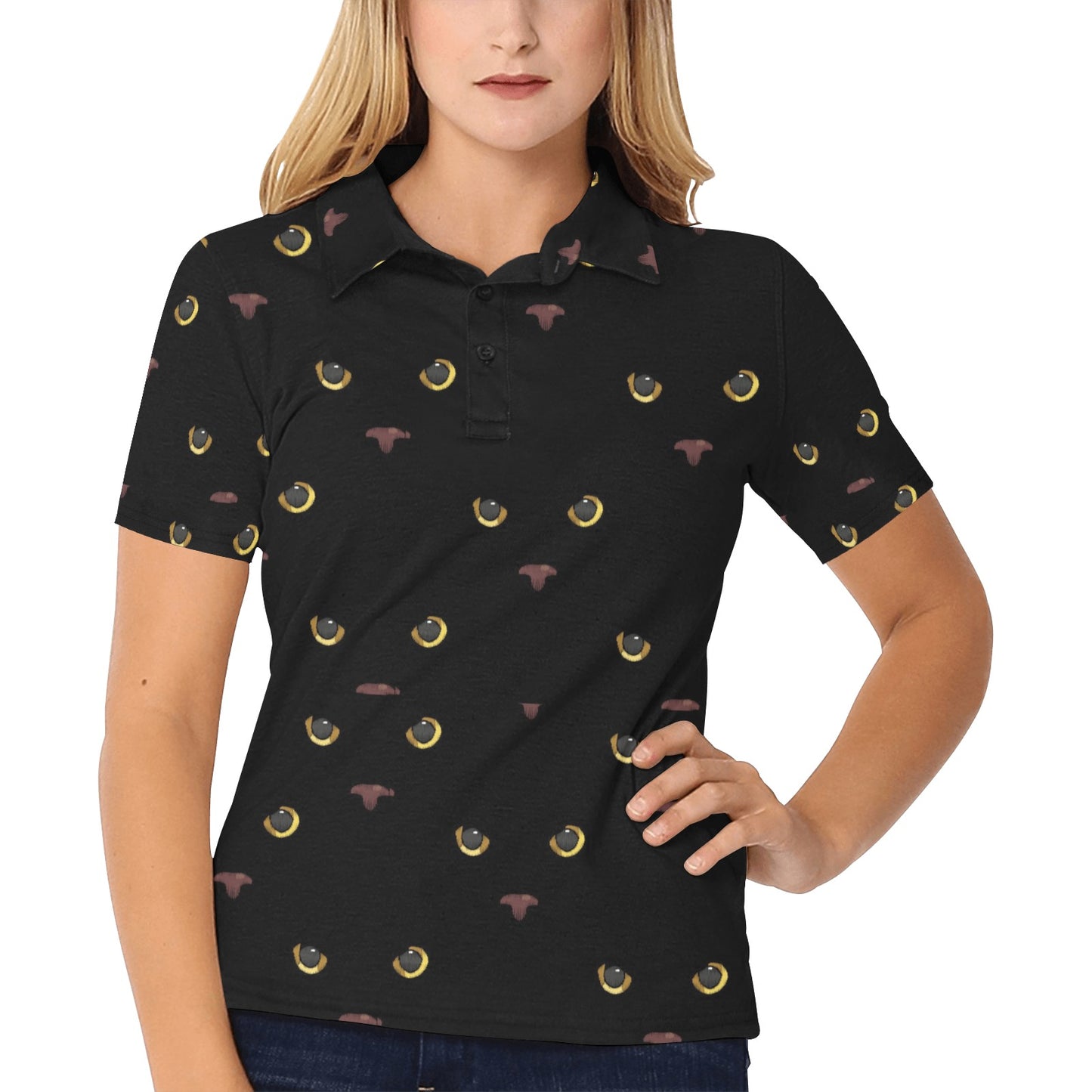 Black Cat Face Print Pattern Women's Polo Shirt