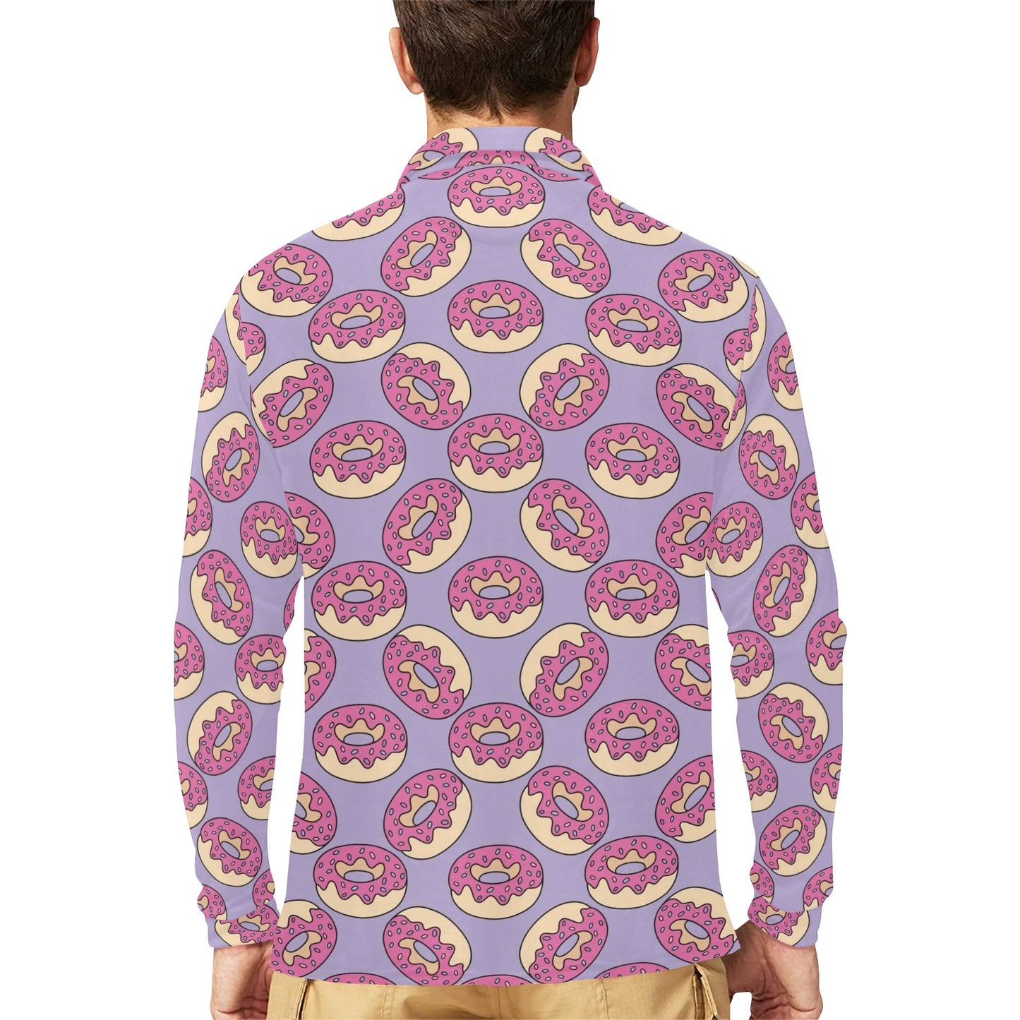 Donut Pattern Print Design DN015 Long Sleeve Polo Shirt For Men's
