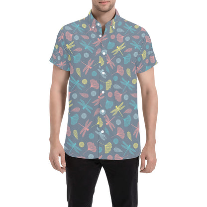 Dragonfly Print Design LKS403 Men Short Sleeve Button Up Shirt