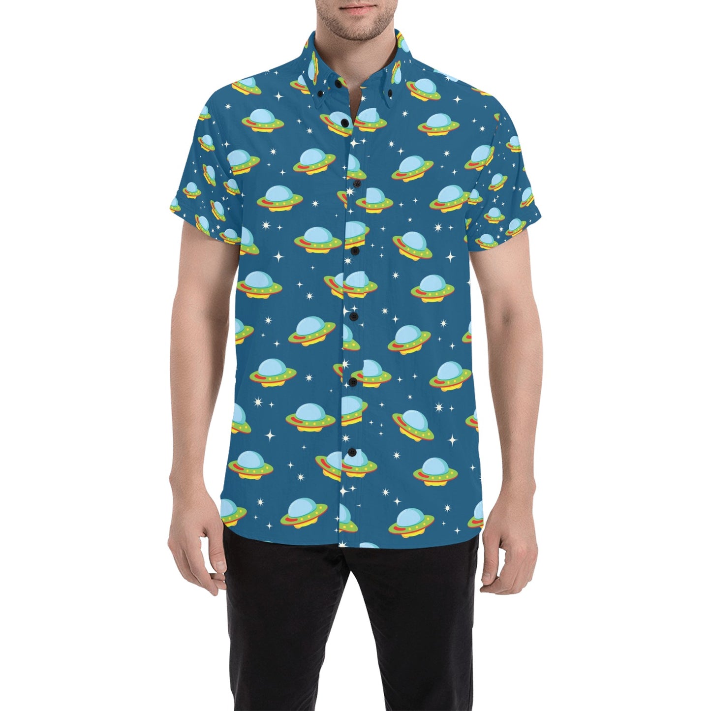 UFO Print Design LKS305 Men Short Sleeve Button Up Shirt