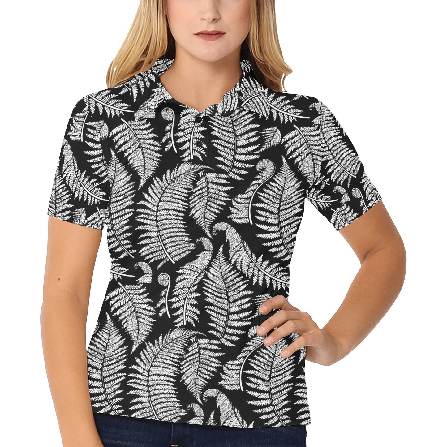Fern Leave Black White Print Pattern Women's Polo Shirt
