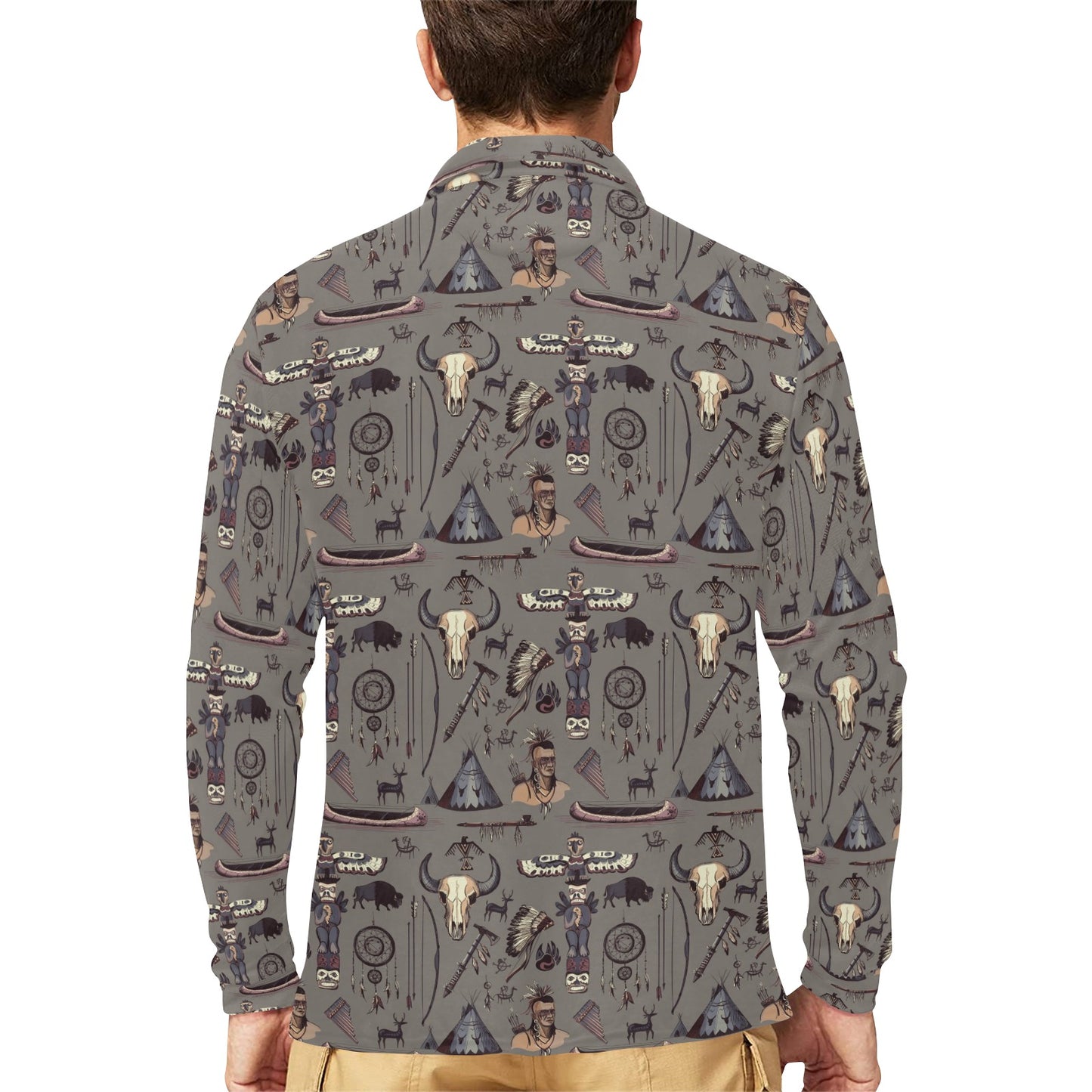 Native Indian life Design Print Long Sleeve Polo Shirt For Men's