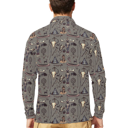Native Indian life Design Print Long Sleeve Polo Shirt For Men's