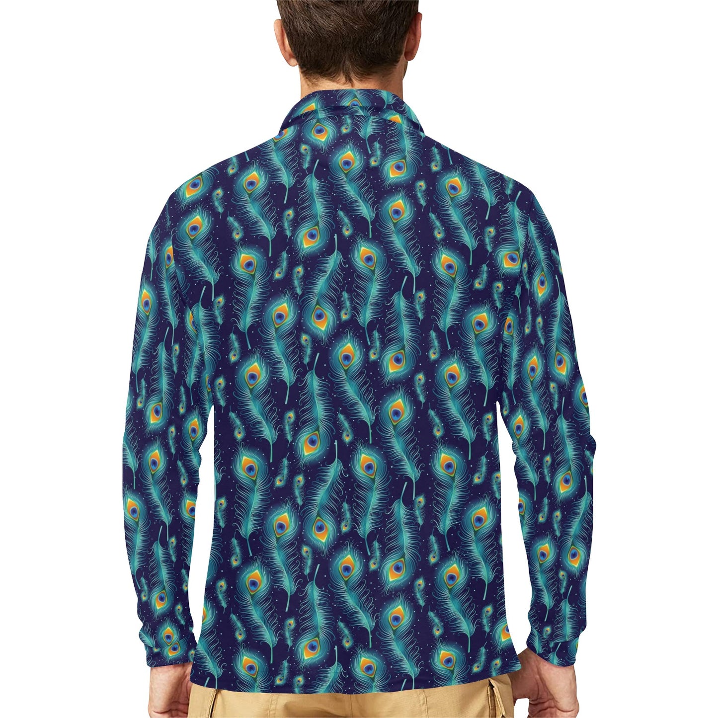 Peacock Feather Blue Design Print Long Sleeve Polo Shirt For Men's