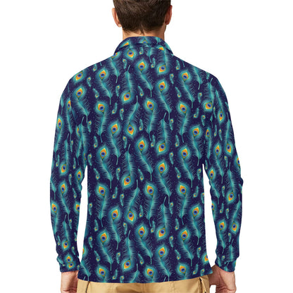 Peacock Feather Blue Design Print Long Sleeve Polo Shirt For Men's