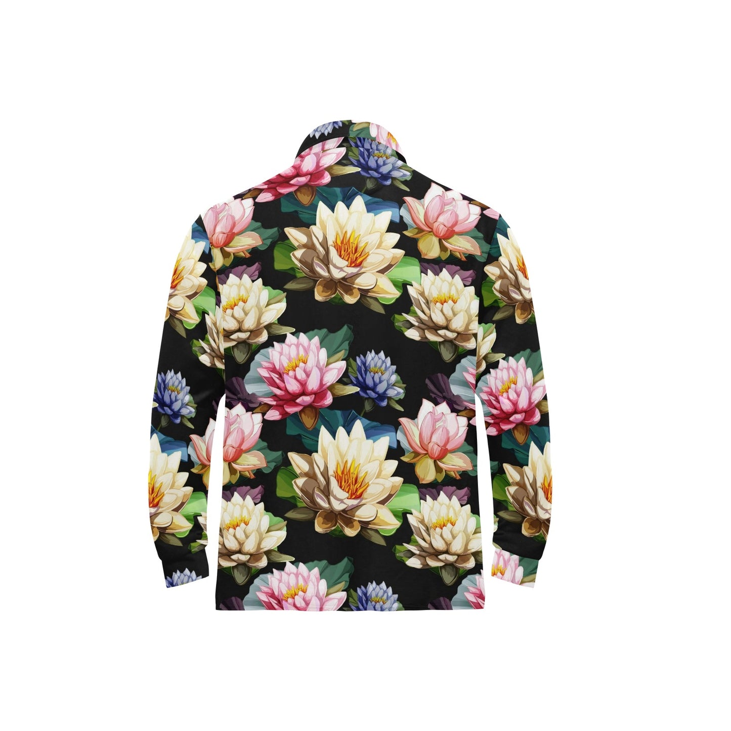 Water Lily Pattern Print Design WL02 Long Sleeve Polo Shirt For Men's