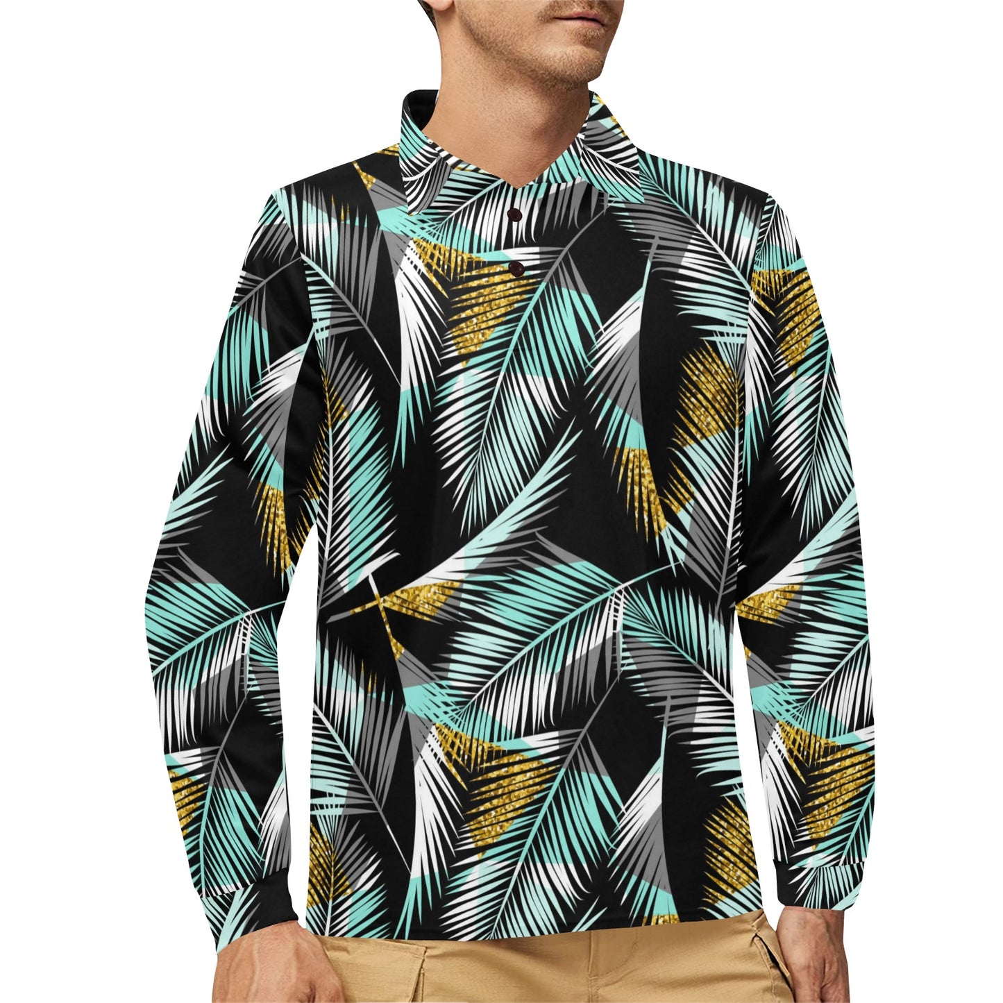 Gold Glitter Cyan Tropical Palm Leaves Long Sleeve Polo Shirt For Men's