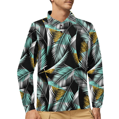 Gold Glitter Cyan Tropical Palm Leaves Long Sleeve Polo Shirt For Men's