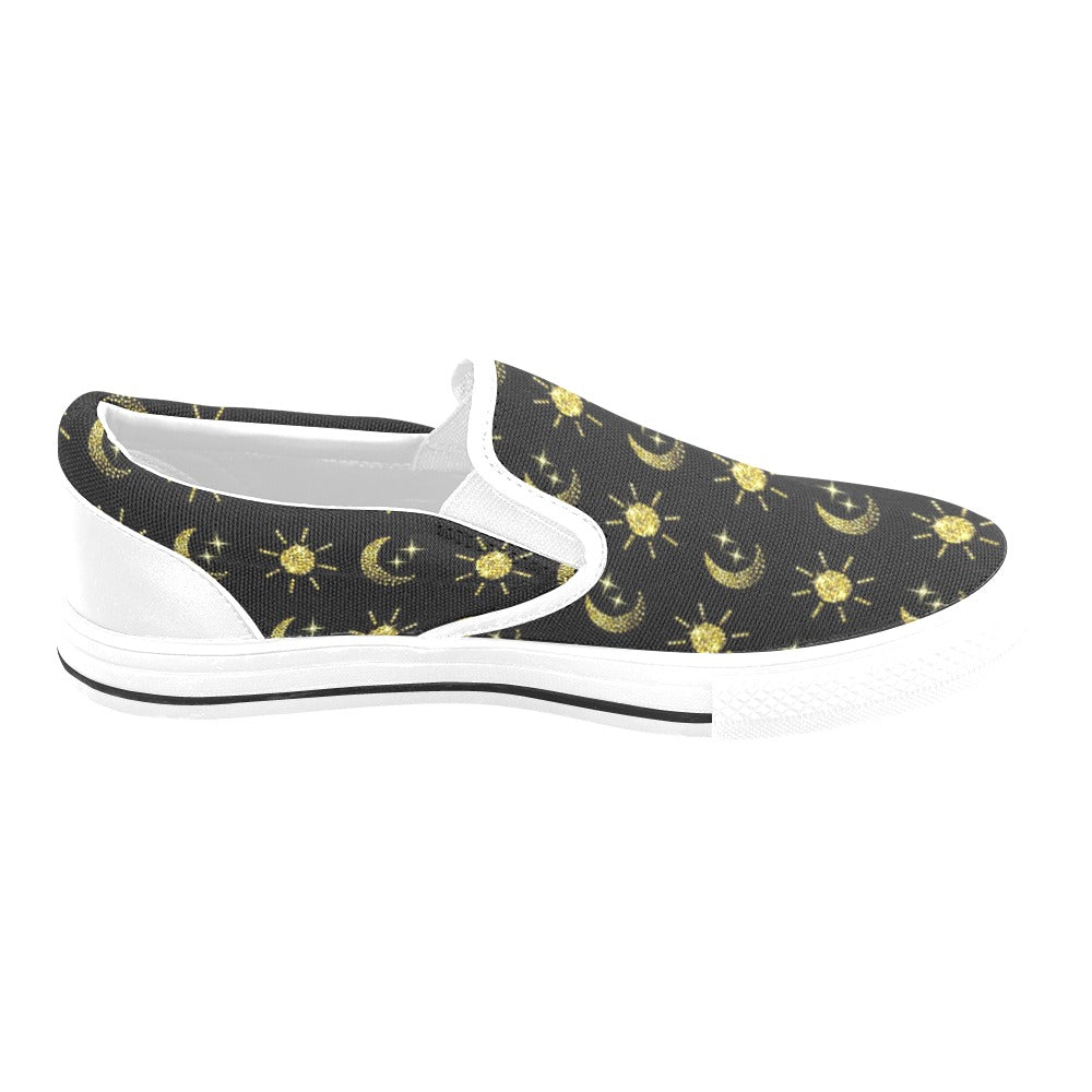 Sun Moon Print Design LKS304 White Slip Ons Canvas Women's Shoes
