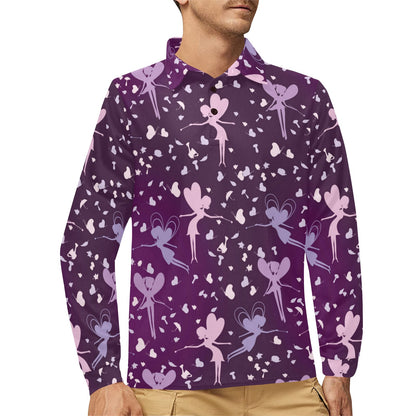 Fairy Pink Print Pattern Long Sleeve Polo Shirt For Men's