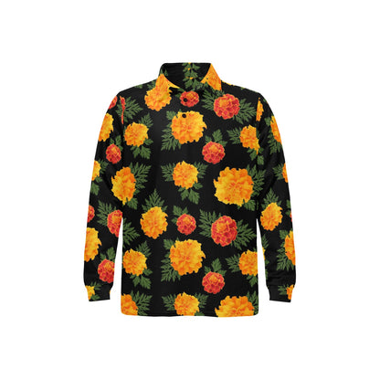 Marigold Pattern Print Design MR05 Long Sleeve Polo Shirt For Men's