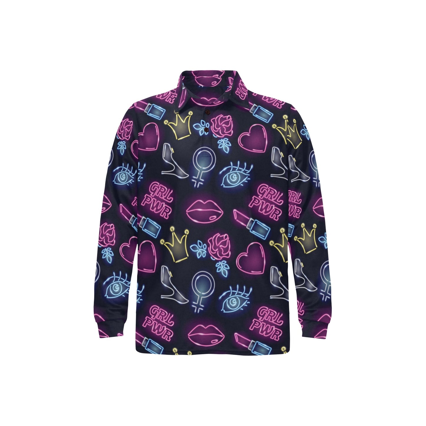 Lipstick Neon Pattern Print Design 02 Long Sleeve Polo Shirt For Men's