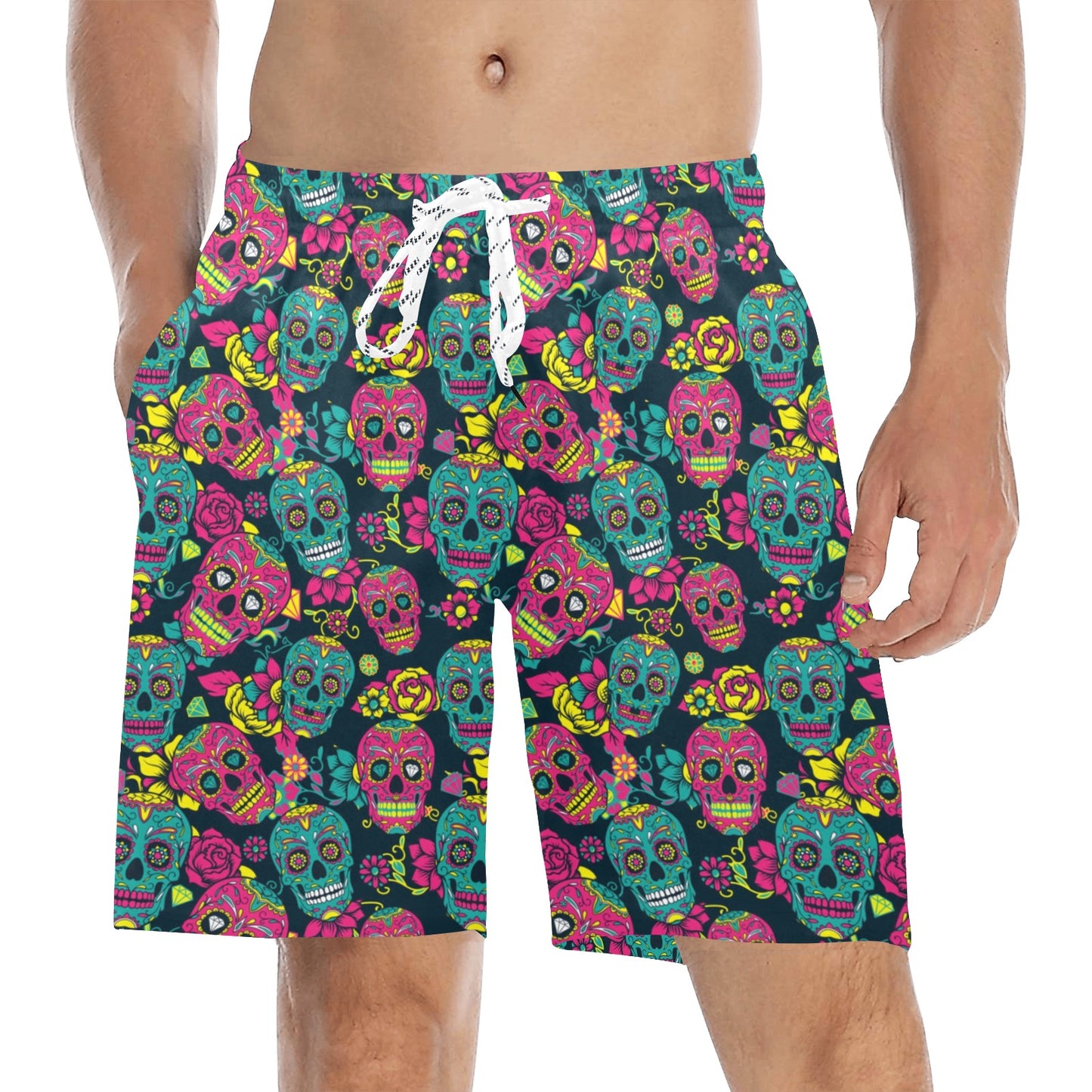 Sugar Skull Floral Design Themed Print Men's Swim Trunks Beach Shorts