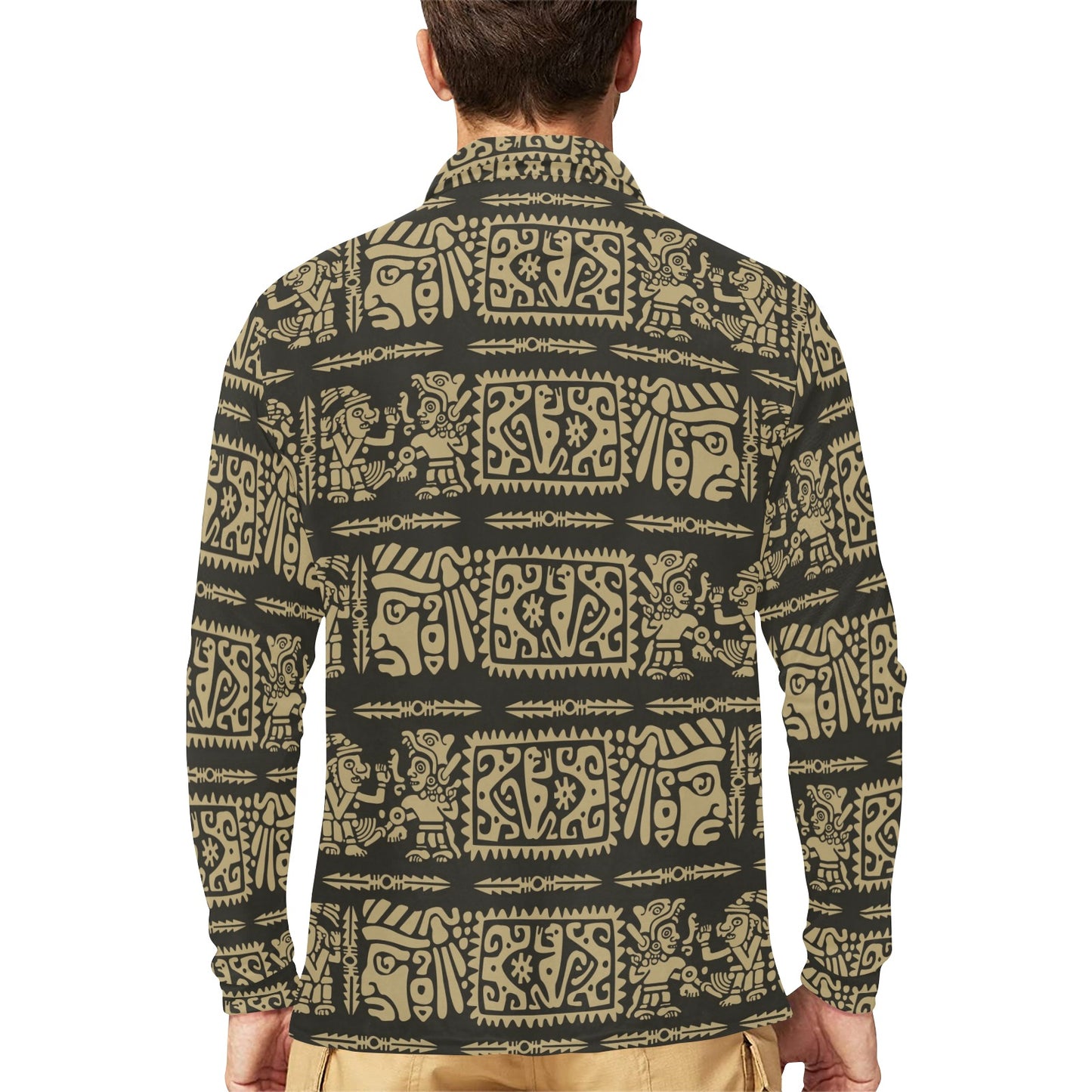 Mayan Pattern Print Design 02 Long Sleeve Polo Shirt For Men's