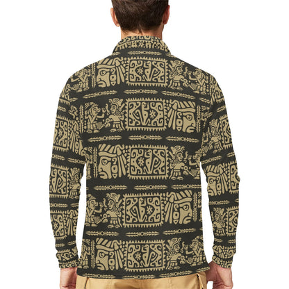 Mayan Pattern Print Design 02 Long Sleeve Polo Shirt For Men's