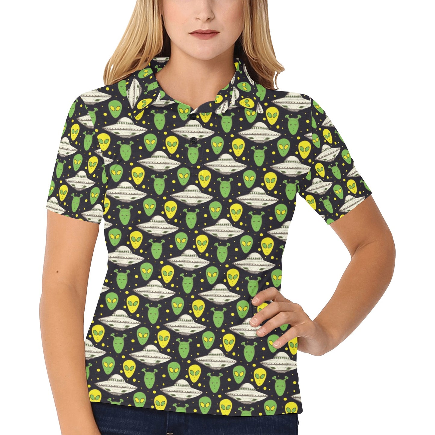 Alien UFO Pattern Women's Polo Shirt