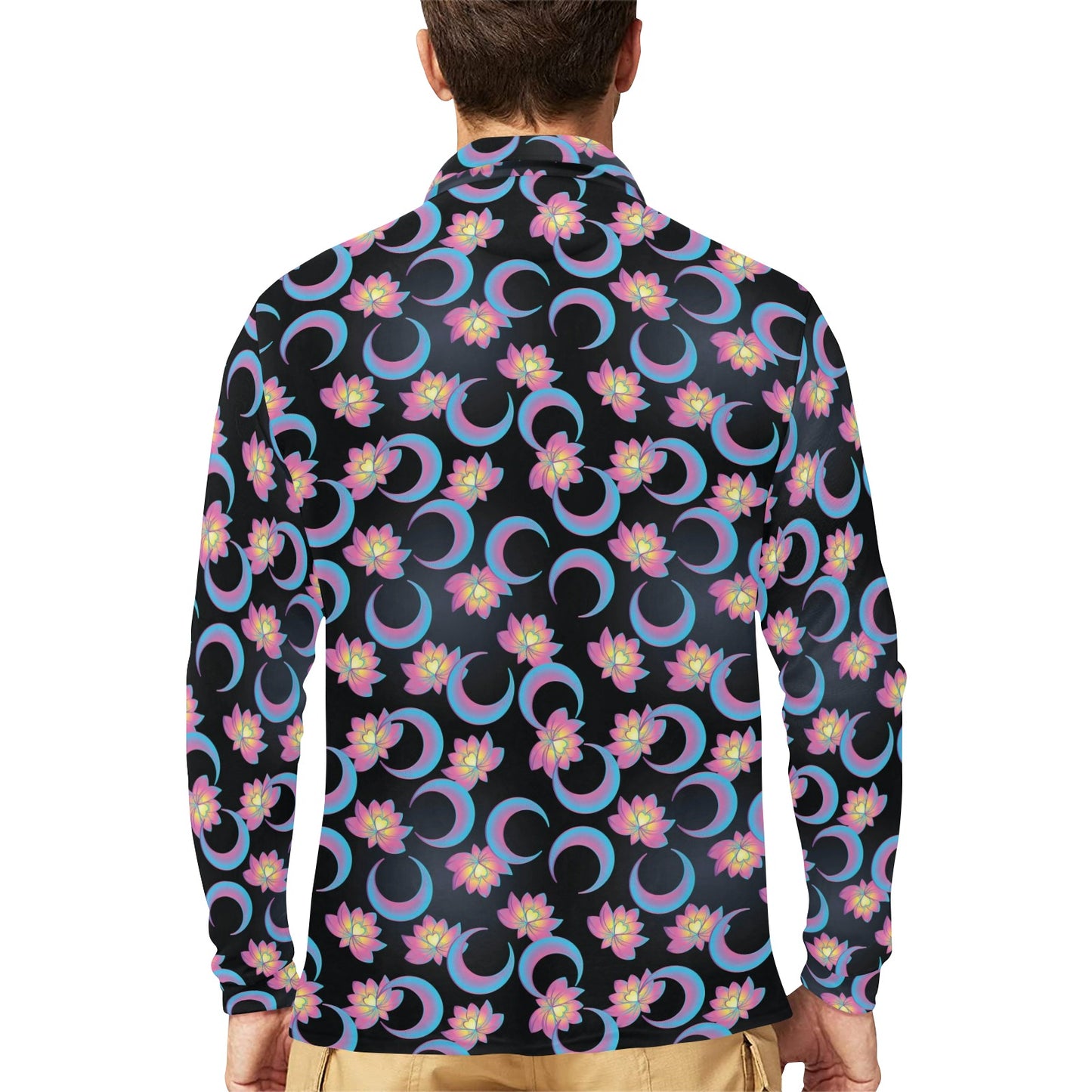 Lotus with Moon Pink Print Themed Long Sleeve Polo Shirt For Men's