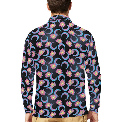 Lotus with Moon Pink Print Themed Long Sleeve Polo Shirt For Men's