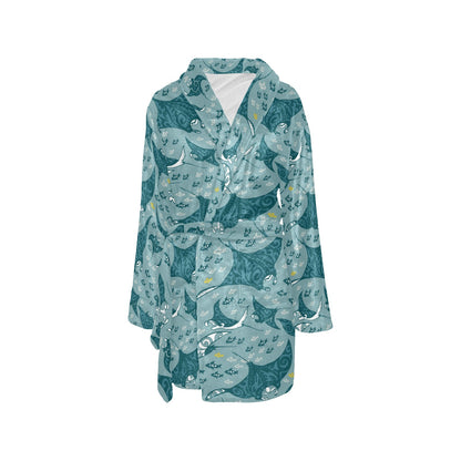 Manta Ray Tribal Pattern Print Design 03 Women's Fleece Robe