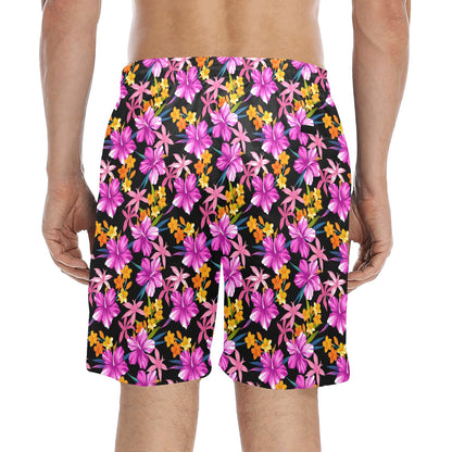 Tropical Folower Pink Hibiscus Print Men's Swim Trunks Beach Shorts